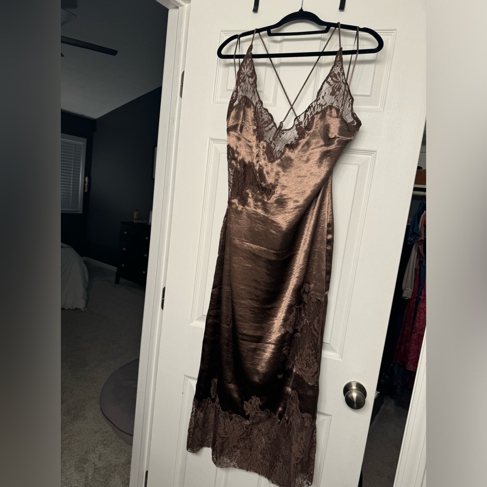 Anthropologie brown silky and lace dress
